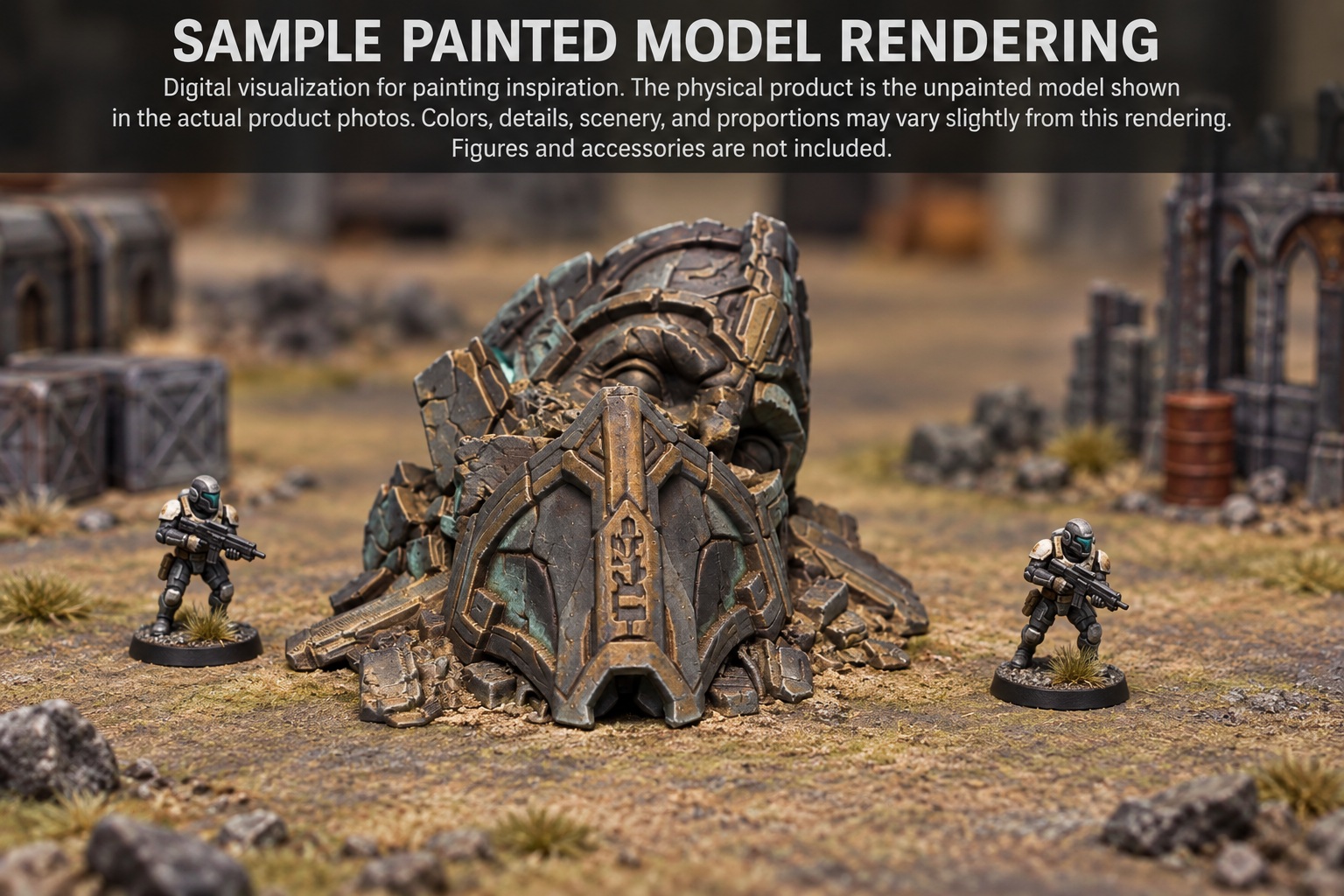 Labeled digital painted example of the fallen sci-fi statue head on a tabletop