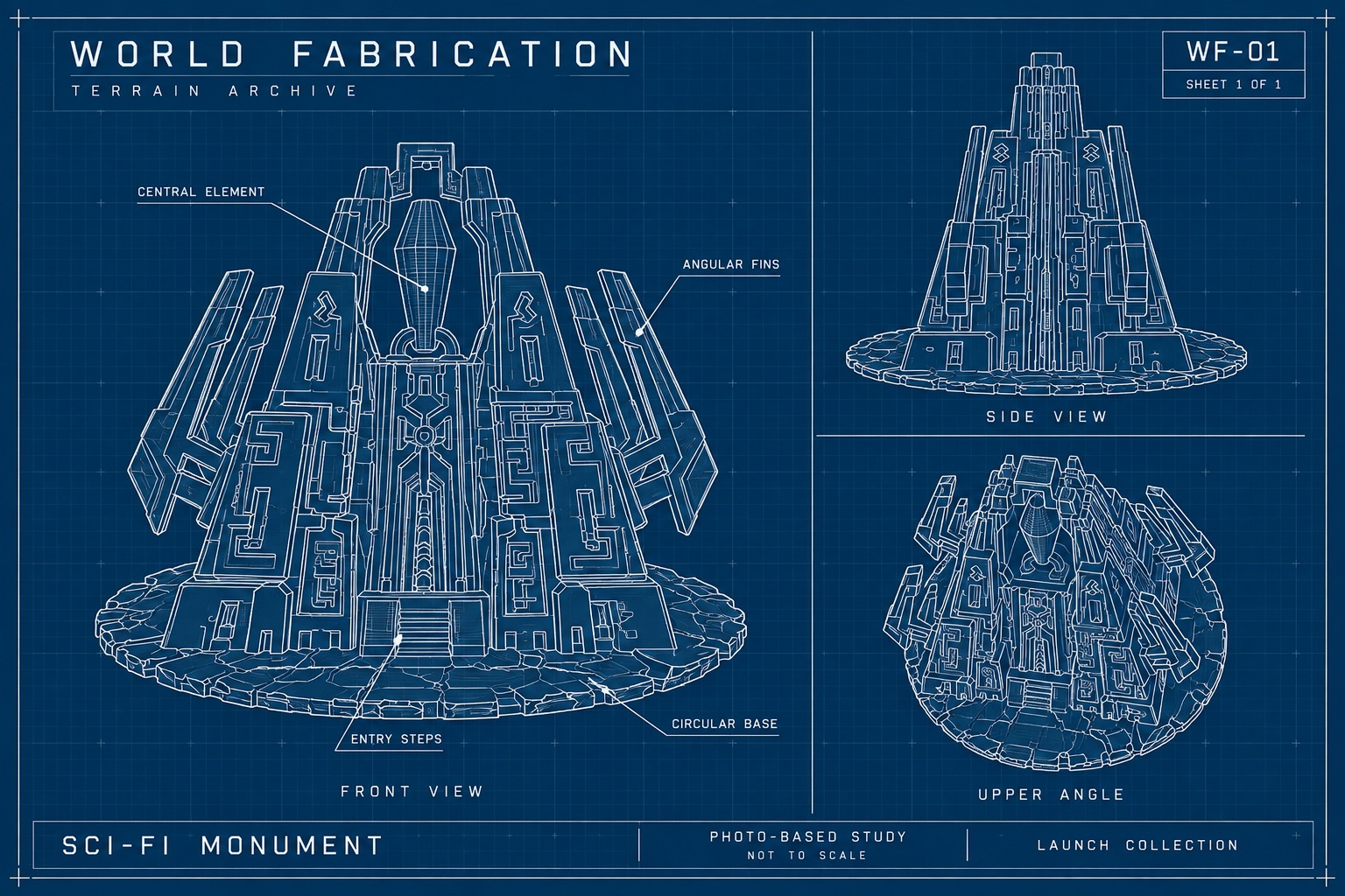 Photo-based blueprint illustration of the Sci-Fi Monument, labeled not to scale
